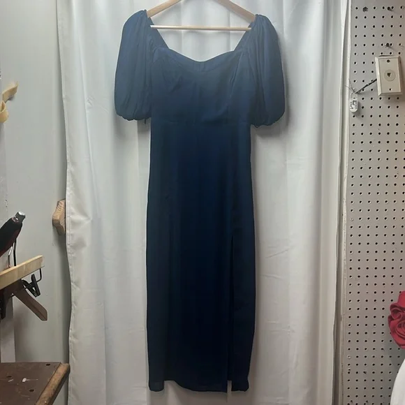 Abercrombie & Fitch Navy Blue Camille Sheer Puff Sleeve MIDI Dress- S - Picture 6 of 10